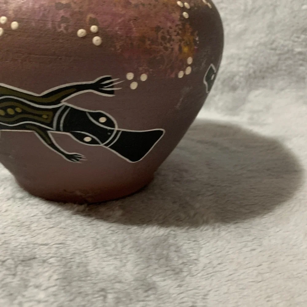K Lightfoot Hand Painted Pottery Vase Kangaroo Aboriginal Art Unique Collectible